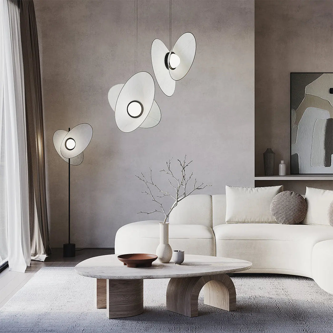 Suspension luminaire evolution double abat jour blanc moderne avec led intégrée et abat-jours en forme de pétales circulaires