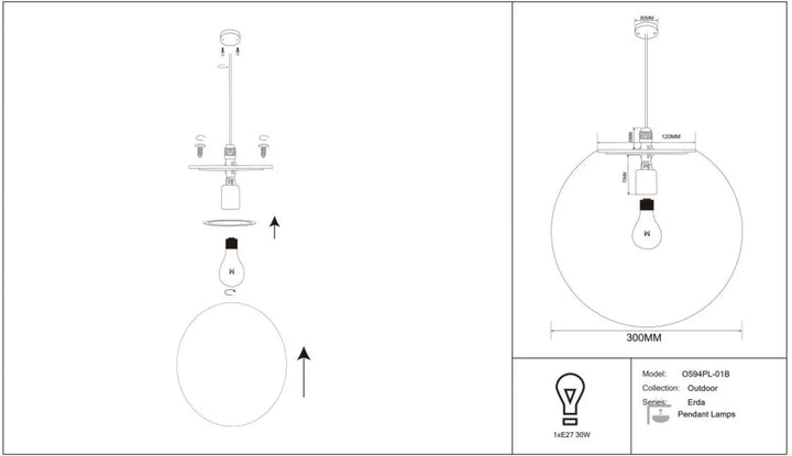 Suspension luminaire erda 300mm avec globe opalin et monture noire pour suspension extérieure erda