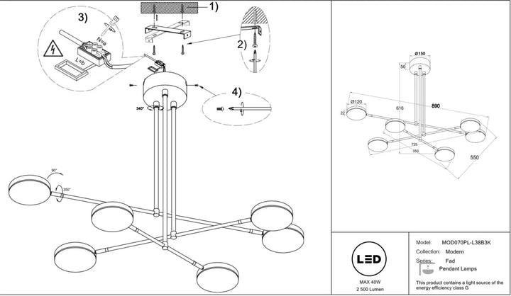 Suspension fad bras articulés en métal noir avec six leds circulaires en motif géométrique modèle mod070pl-l38b3k