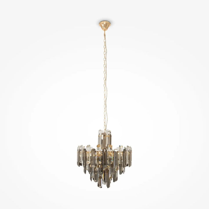 Suspension flare avec structure dorée et verres fumés en prismes étagés pour un éclairage moderne et élégant