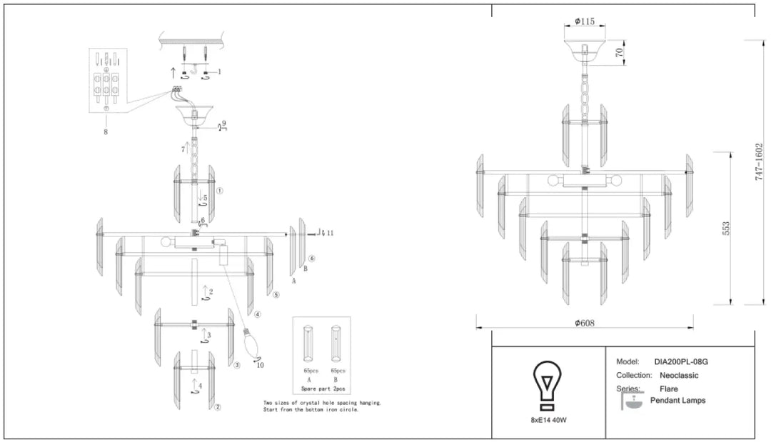 La suspension flare dia200pl-08g est un luminaire suspendu avec structure dorée et verres fumés élégants en cristal-like