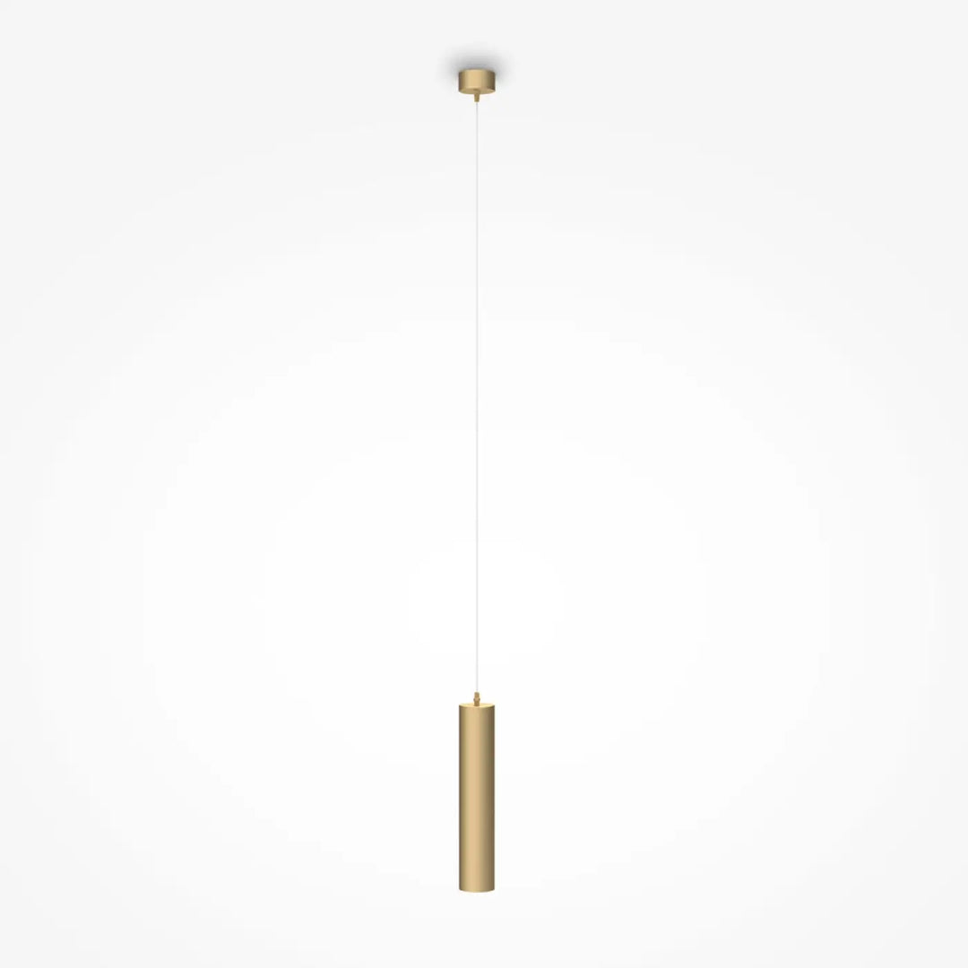 Luminaire suspension focus cylindre en métal doré minimaliste tube fin au-dessus d’un îlot avec design moderne élégant