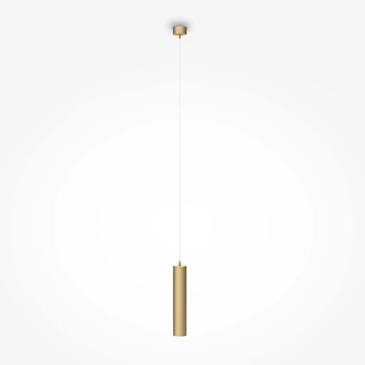 Luminaire suspension focus cylindre en métal doré minimaliste tube fin au-dessus d’un îlot avec design moderne élégant