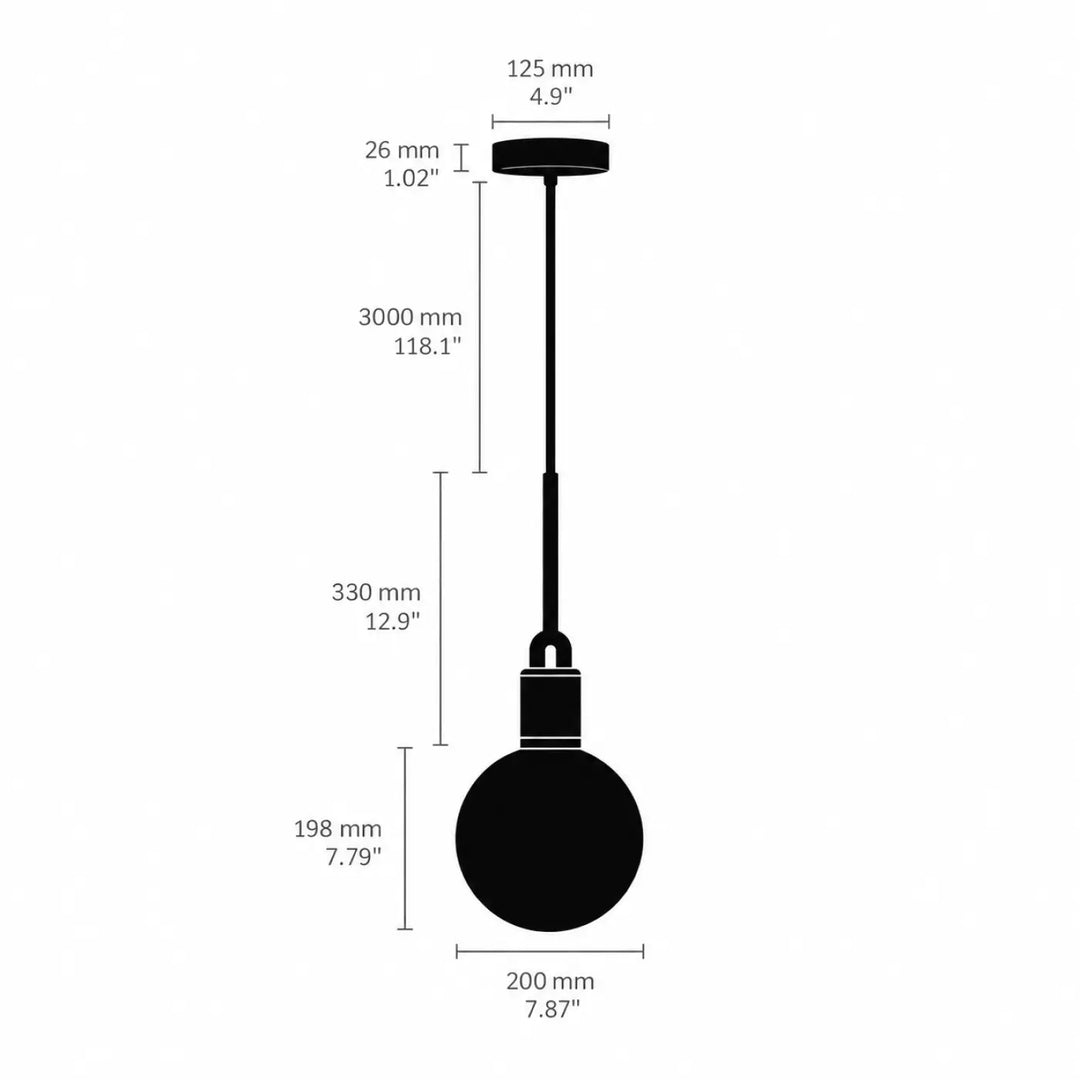 Suspension forked globe noir en métal massif et verre soufflé avec design minimaliste et dimensions précises