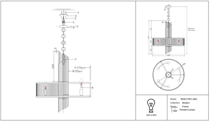 Suspension luminaire frame en métal doré avec cadres géométriques et design vertical à lattes pour éclairage moderne