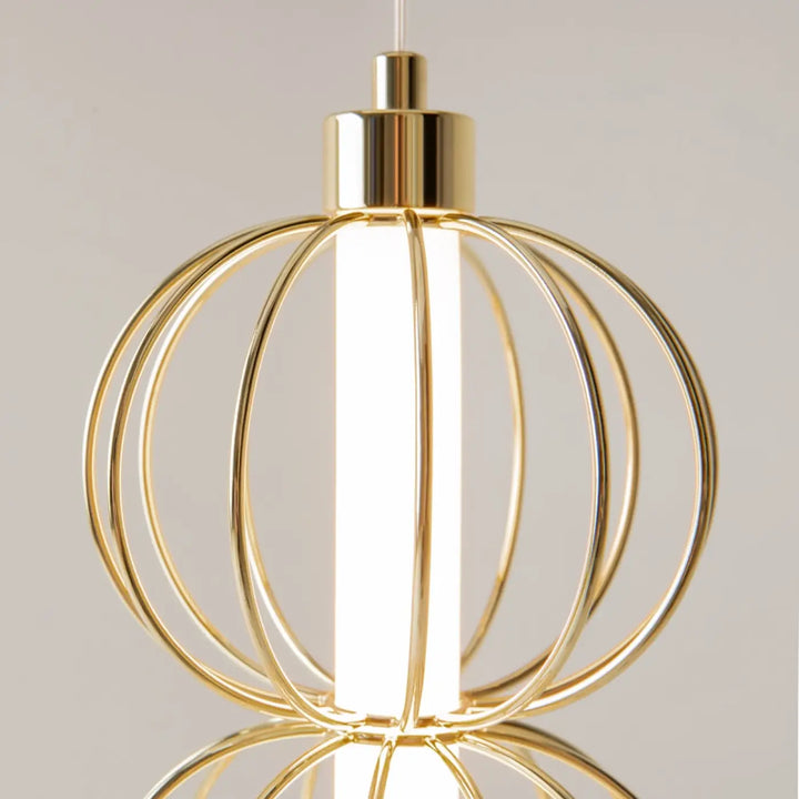 Suspension golden cage dorée sphérique en métal avec design moderne cage et tube vertical led central lumineux