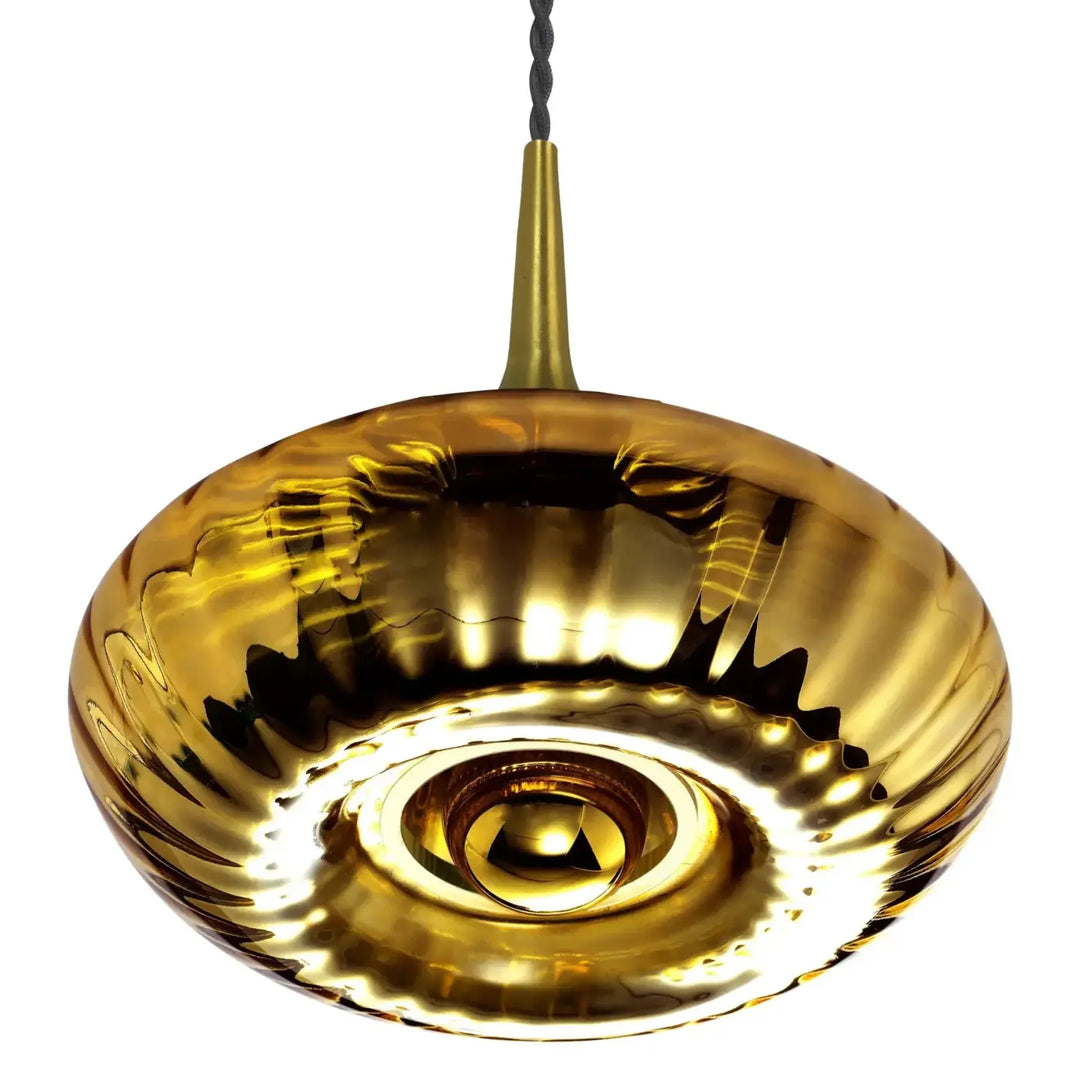 Suspension grace en verre soufflé doré texturé avec tige finition laiton et cordon torsadé noir modèle grace