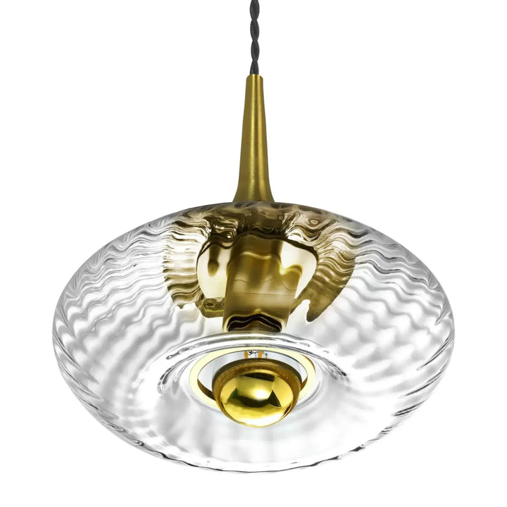 Suspension grace avec verre soufflé texturé en ondulations clair et accents métalliques dorés moderne modèle grace