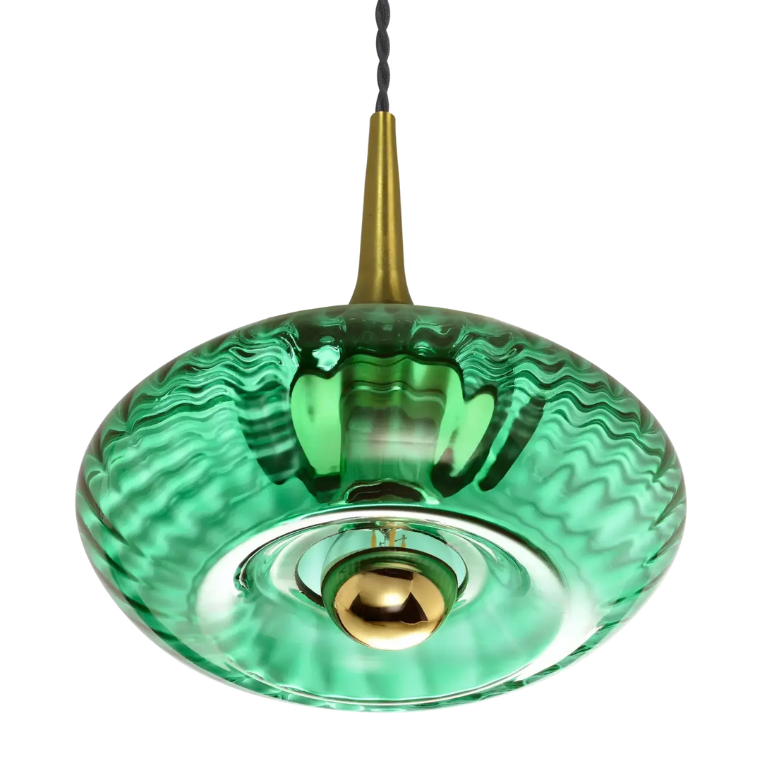 Suspension grace en verre soufflé vert émeraude avec tige finition laiton et ampoule centrale modèle grace