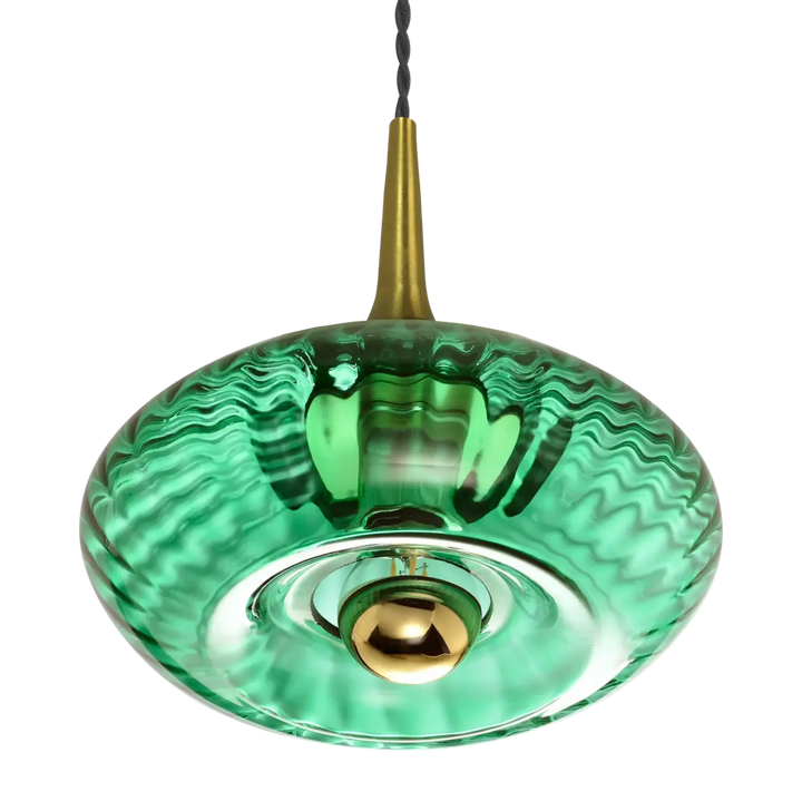 Suspension grace en verre soufflé vert émeraude avec tige finition laiton et ampoule centrale modèle grace