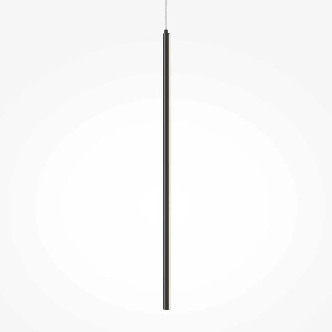 Suspension halo tube vertical en acier doré avec abat-jour cylindrique noir mat et bord lumineux subtil