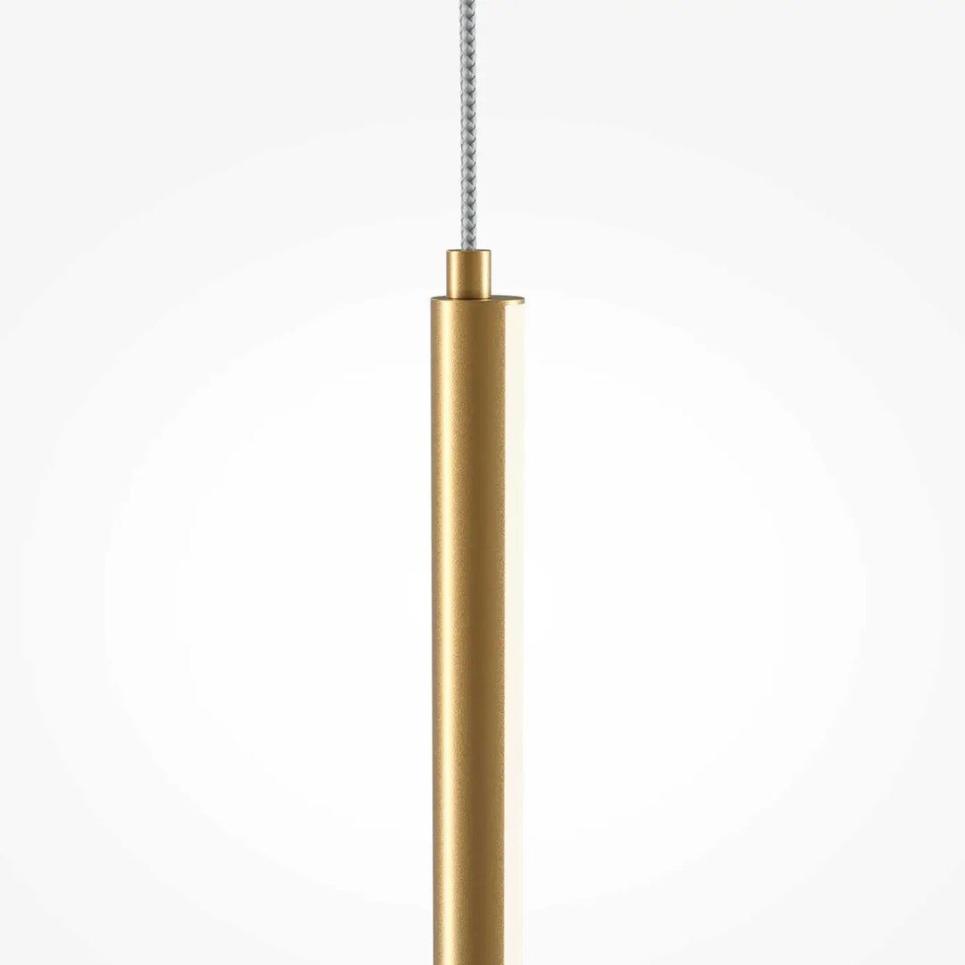 Suspension halo tube vertical en acier doré avec design cylindrique épuré et cordon gris texturé minimaliste