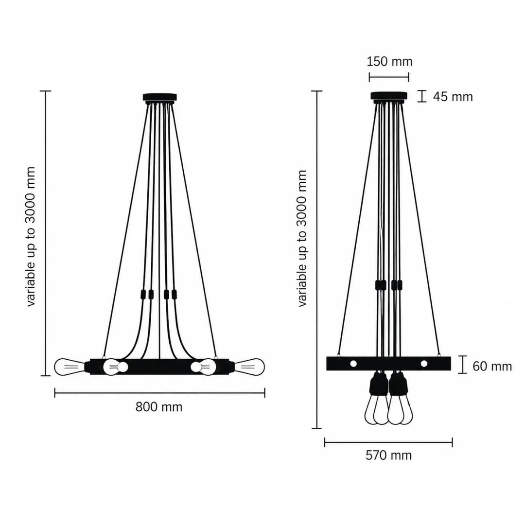 Suspension luminaire hero light noir style industriel avec plusieurs ampoules apparentes et cordons ajustables