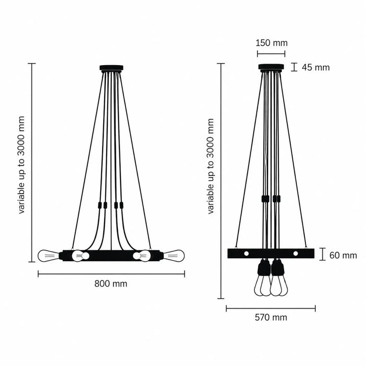 Suspension luminaire hero light noir style industriel avec plusieurs ampoules apparentes et cordons ajustables