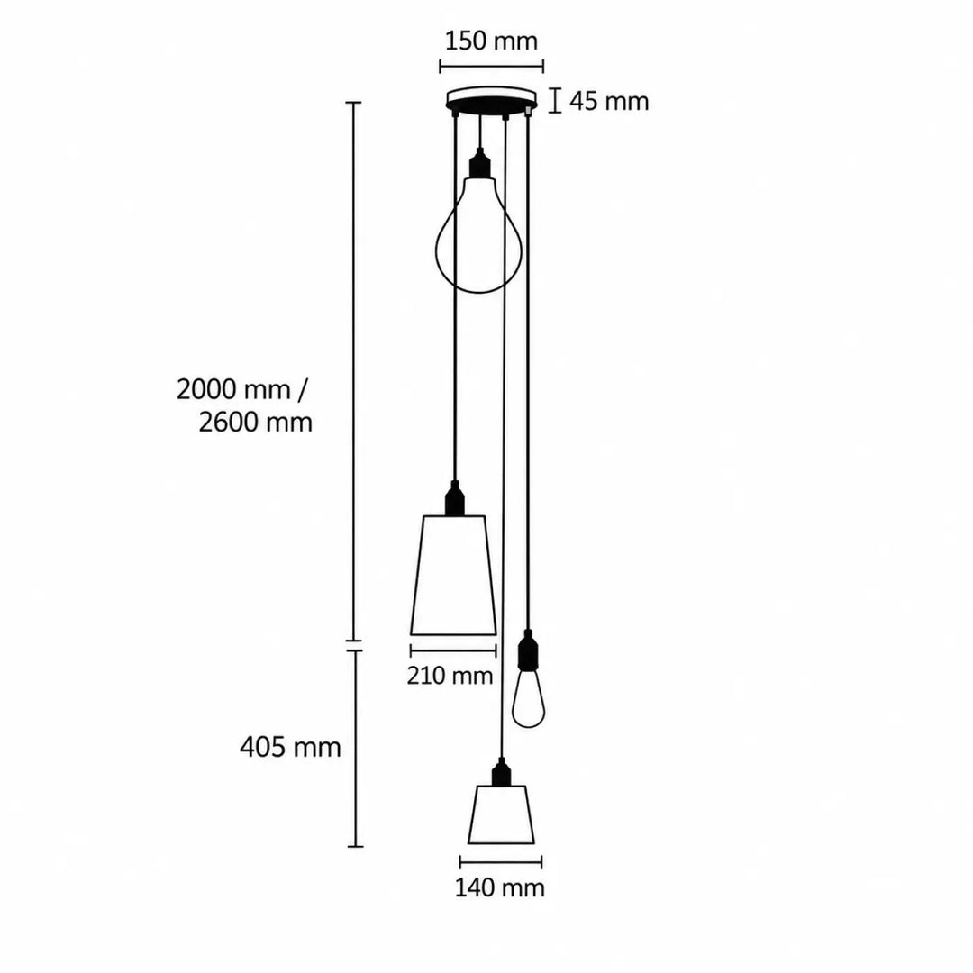 Suspension hooked 3.0 métal massif avec trois ampoules e27 dont deux abat-jours blancs mats et un bulbe apparent