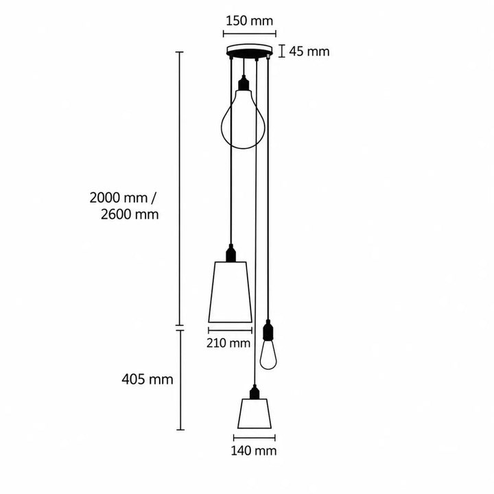 Suspension hooked 3.0 métal massif avec trois ampoules e27 dont deux abat-jours blancs mats et un bulbe apparent