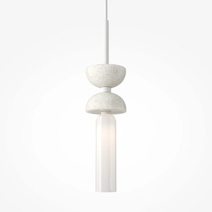 Suspension kyoto cylindre blanche avec lumière douce et partie supérieure texturée en pierre et cylindre en verre lisse