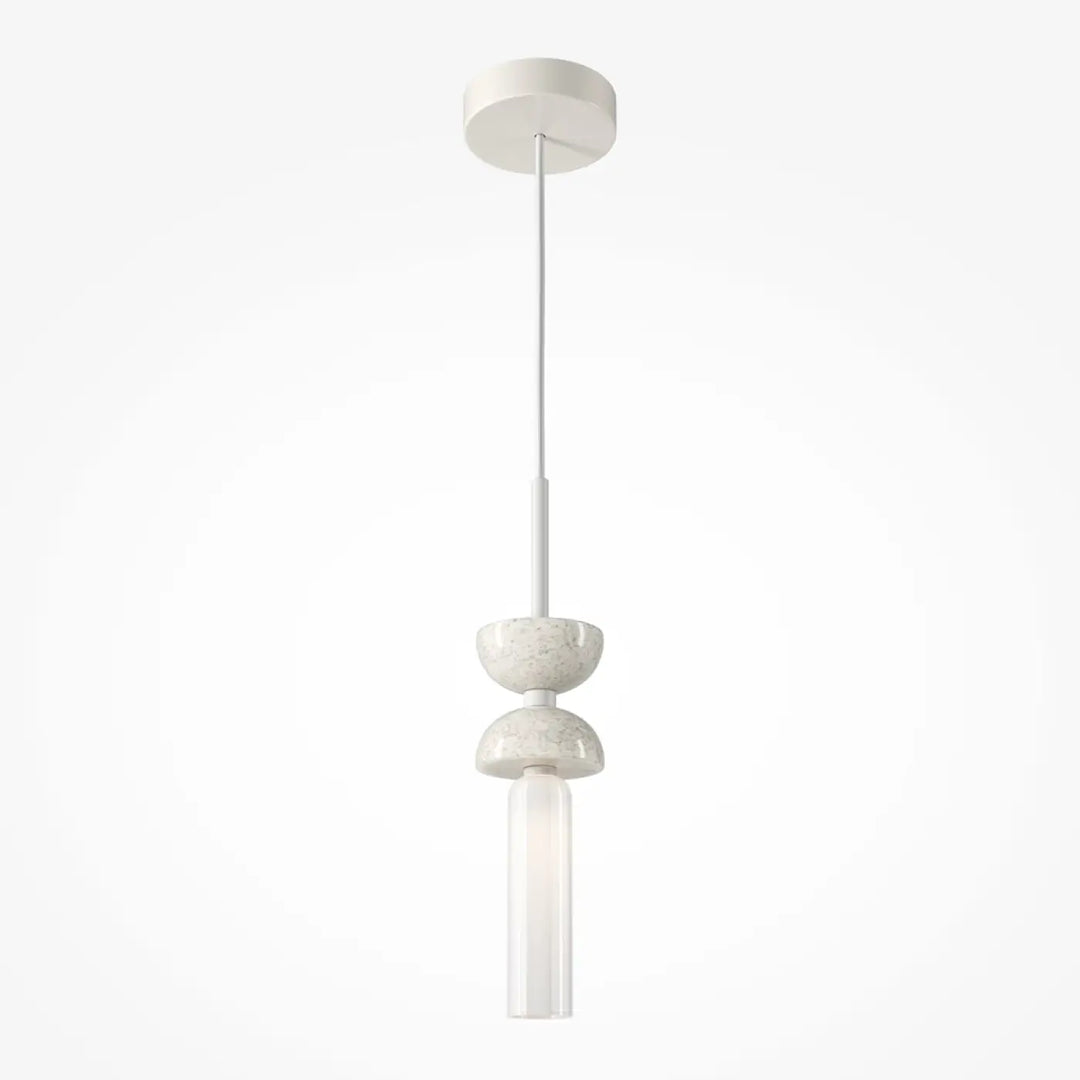 Suspension kyoto en acier noir avec lumière douce featuring des disques en marbre empilés et un cylindre en verre translucide