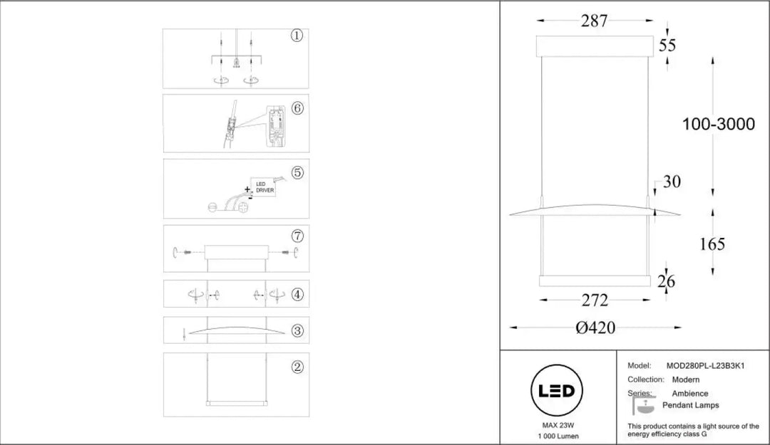 Suspension led ambivalence avec lumière réfléchie, design rectangulaire moderne, idéale pour salle à manger, 287mm par 55mm