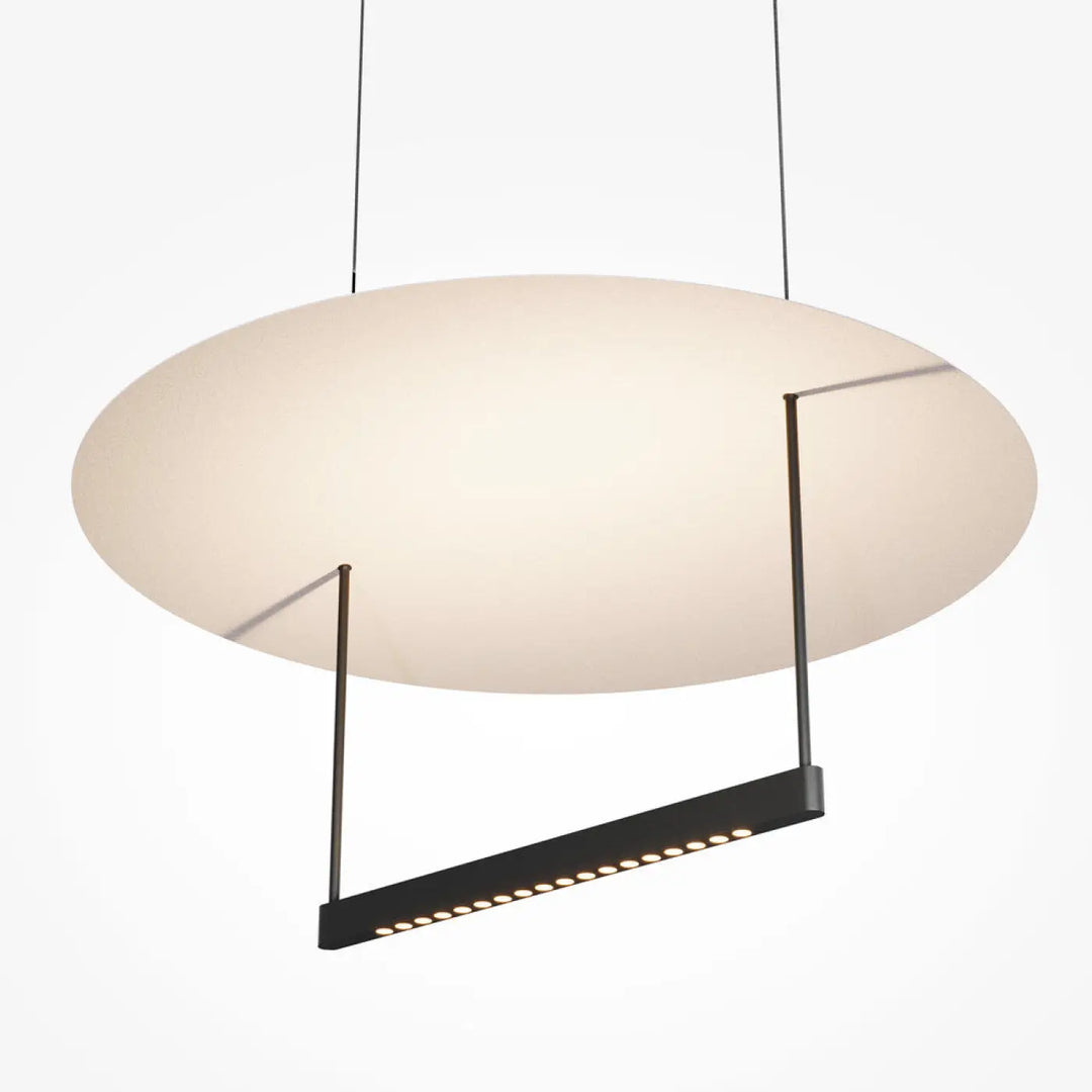 Suspension led ambivalence avec diffuseur blanc givré et cadre métallique noir idéale pour salle à manger lumière réfléchie