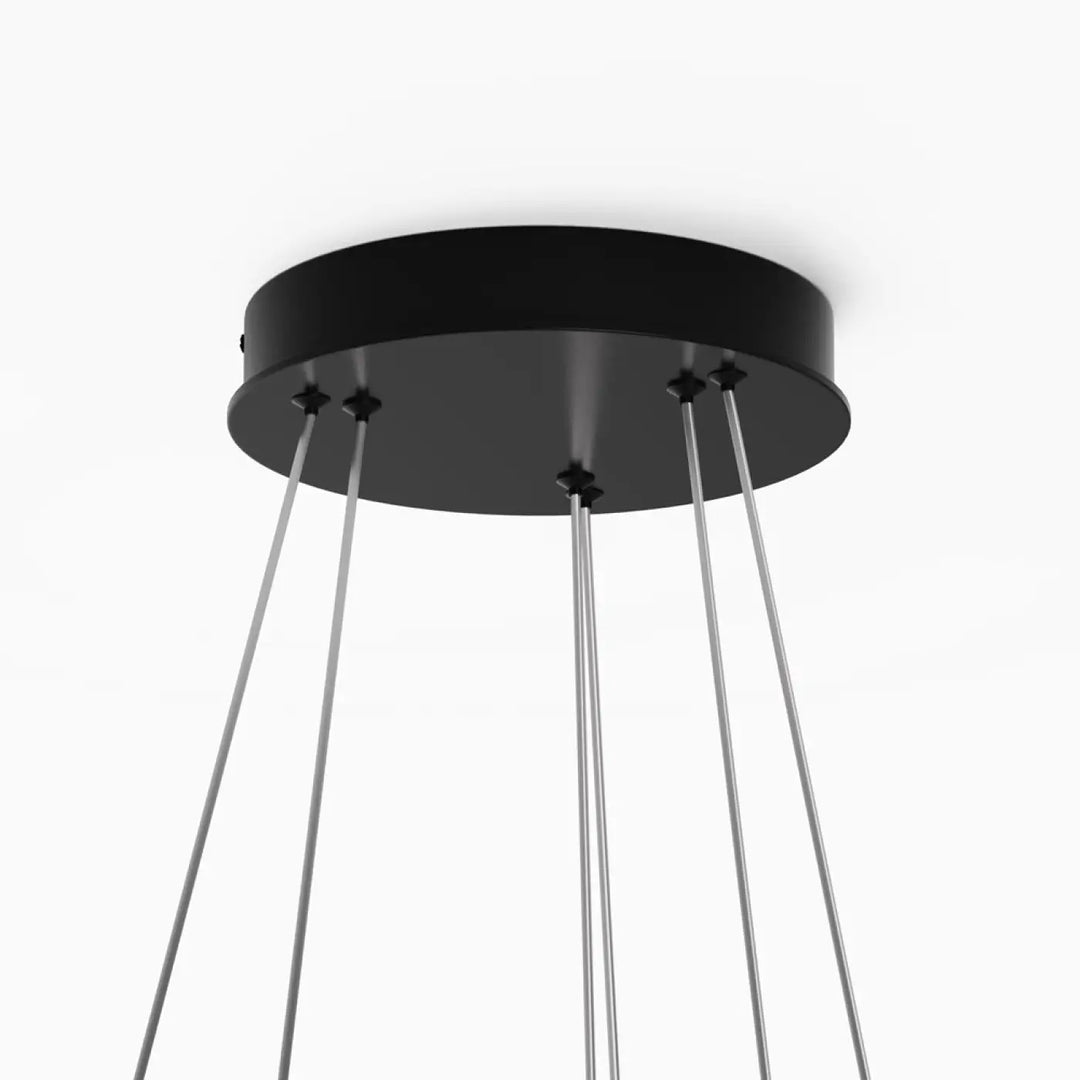 Plafonnier suspension led rim noir avec cinq câbles argentés fins pour éclairage moderne et élégant