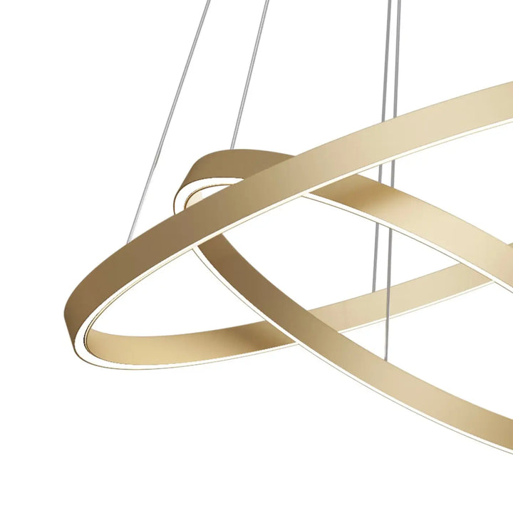 Modern suspension led rim luminaire with gold-toned overlapping circular bands for elegant interior lighting