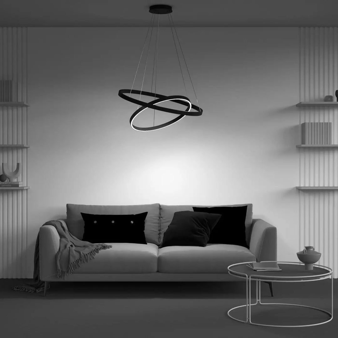 Chandelier led double anneaux noir suspension rim au design moderne et élégant pour éclairage intérieur
