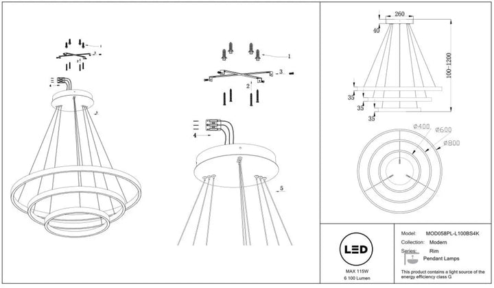 Suspension led rim trois anneaux avec design moderne en cercles métalliques superposés pour éclairage intérieur