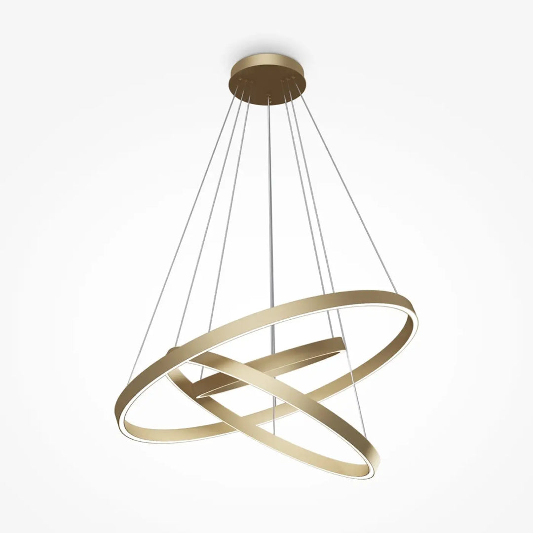 Suspension led rim trois anneaux en métal doré moderne avec anneaux circulaires entrelacés suspendus par câbles fins