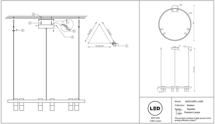 Suspension led satellite avec trois cercles lumineux minimalistes suspendus à une tige centrale noire