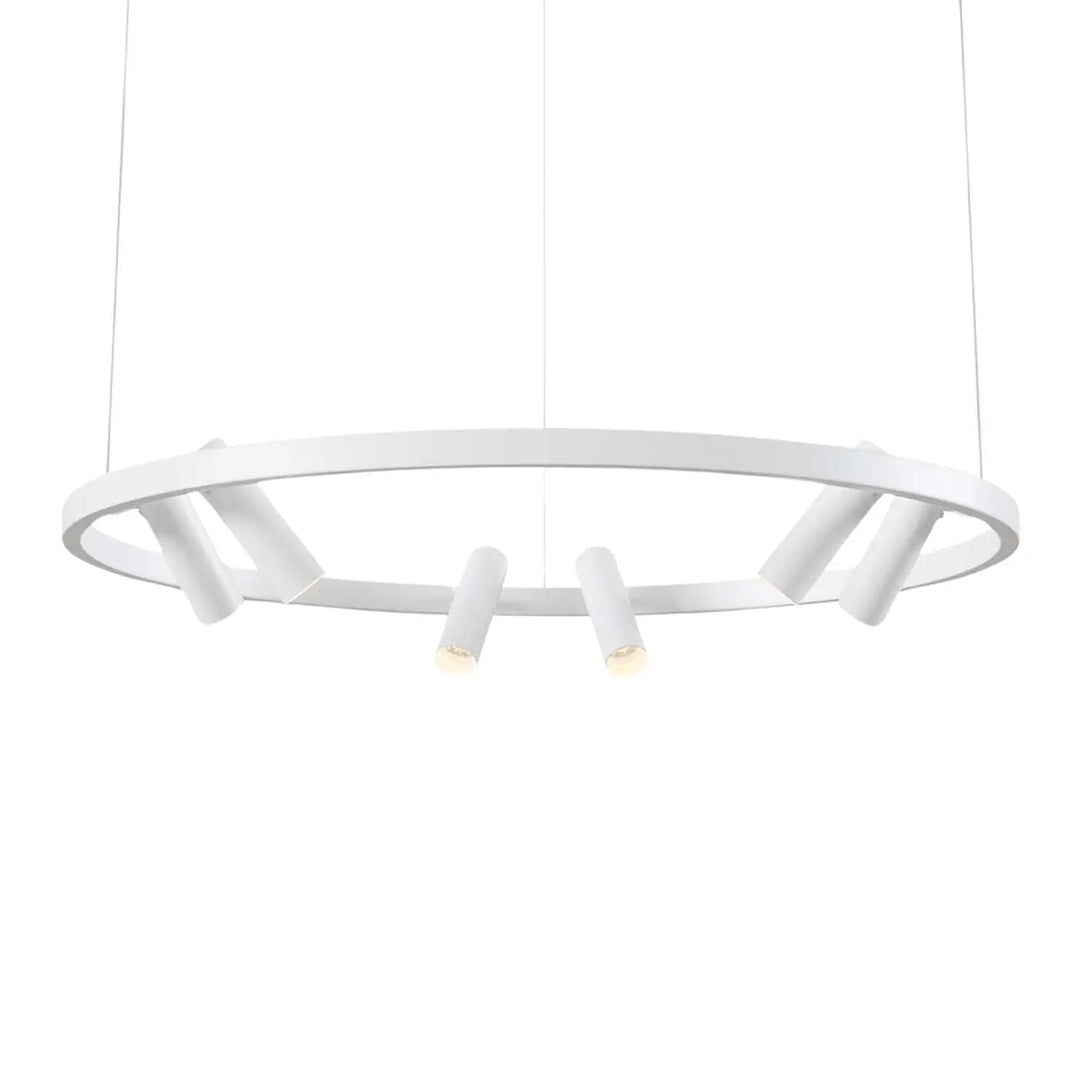 Suspension led cercle lumineux satellite blanc avec design minimaliste et ampoules cylindriques intégrées
