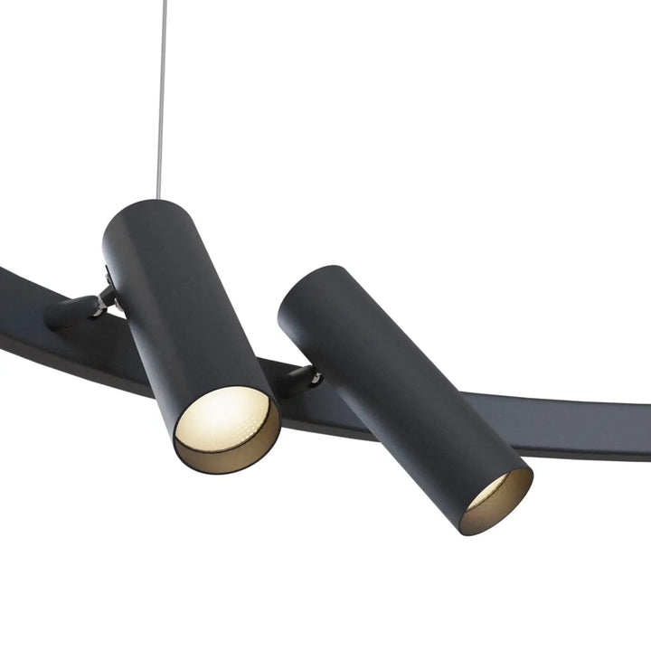Suspension led satellite noire cylindrique avec finition mate et cercle lumineux à lumière chaude