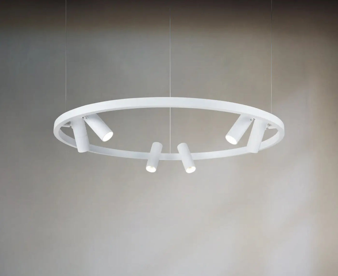 Suspension led cercle lumineux blanc moderne avec design minimaliste et spots intégrés suspension satellite
