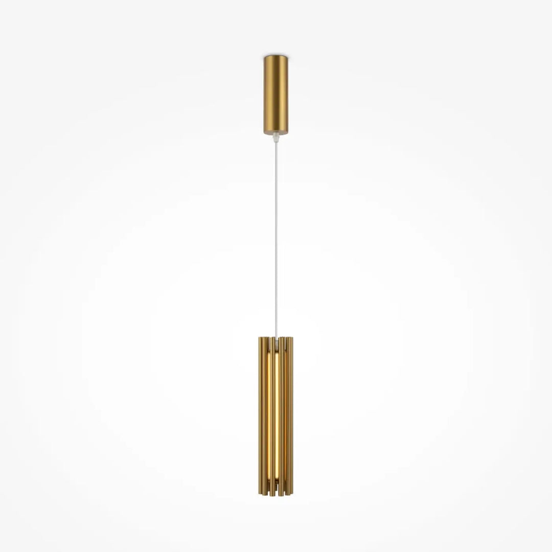 Suspension luminaire sonata cylindre en acier doré avec tiges verticales pour suspension led au-dessus d’un îlot