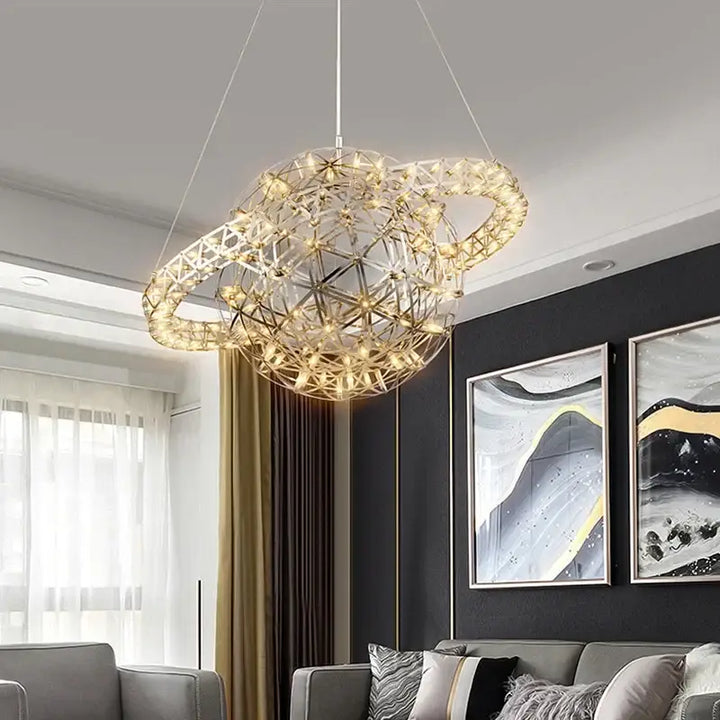 Suspension LED sphère dorée design galaxie style contemporain

