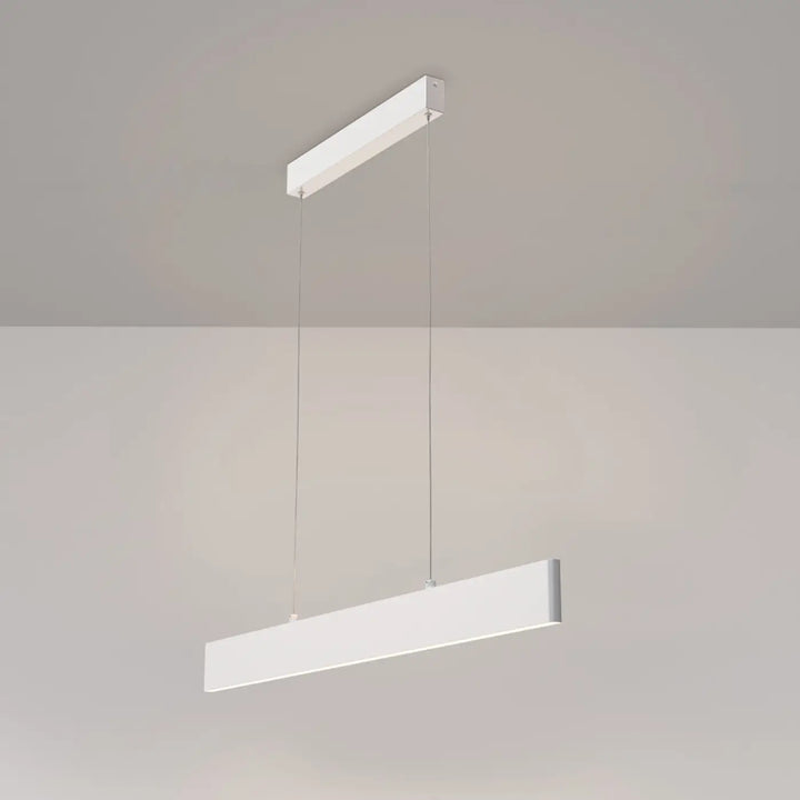 Suspension led blanche rectangulaire step linéaire avec design minimaliste et câbles fins pour ligne lumineuse d’une table