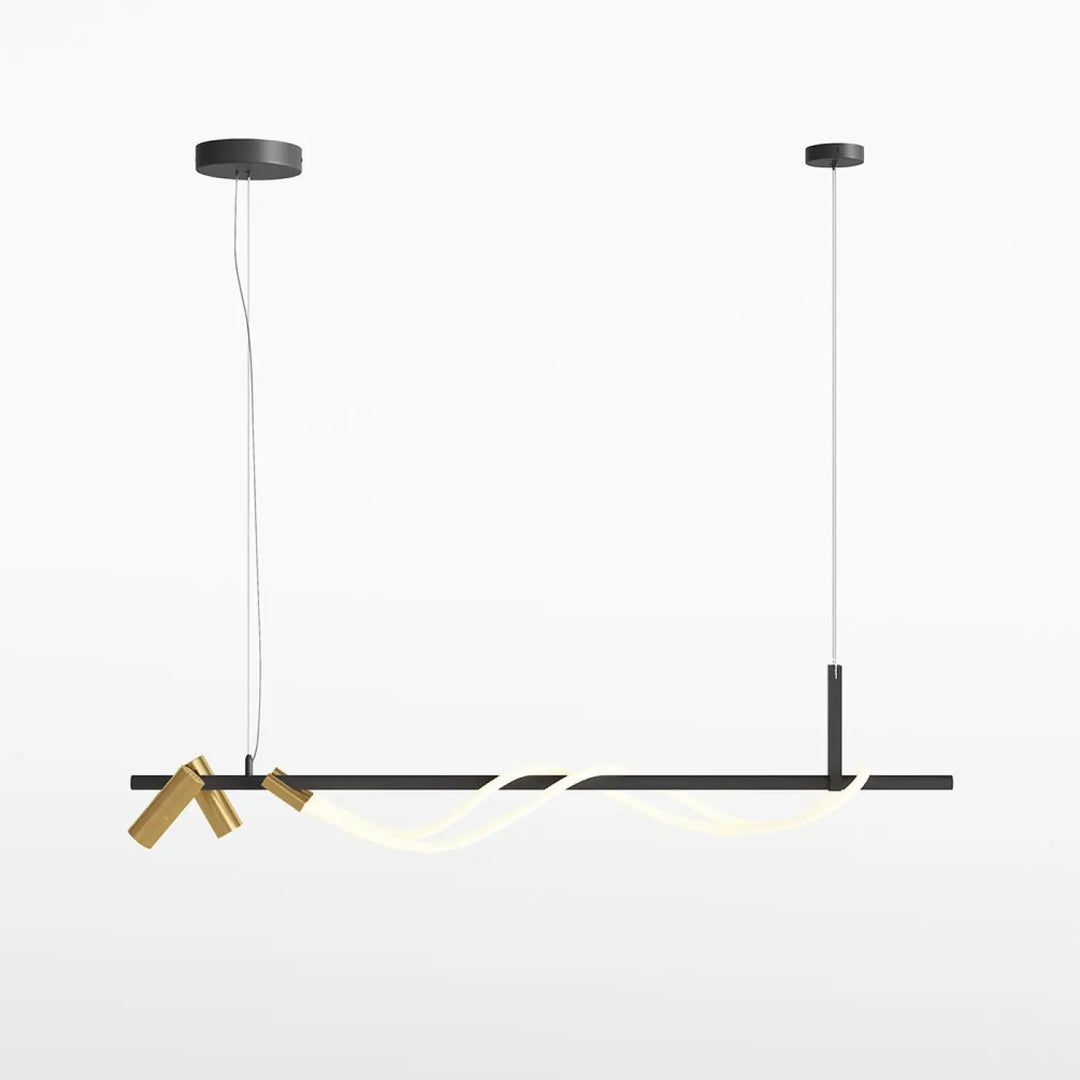 Suspension led en acier noir avec design minimaliste et finitions dorées au-dessus d’une pièce moderne