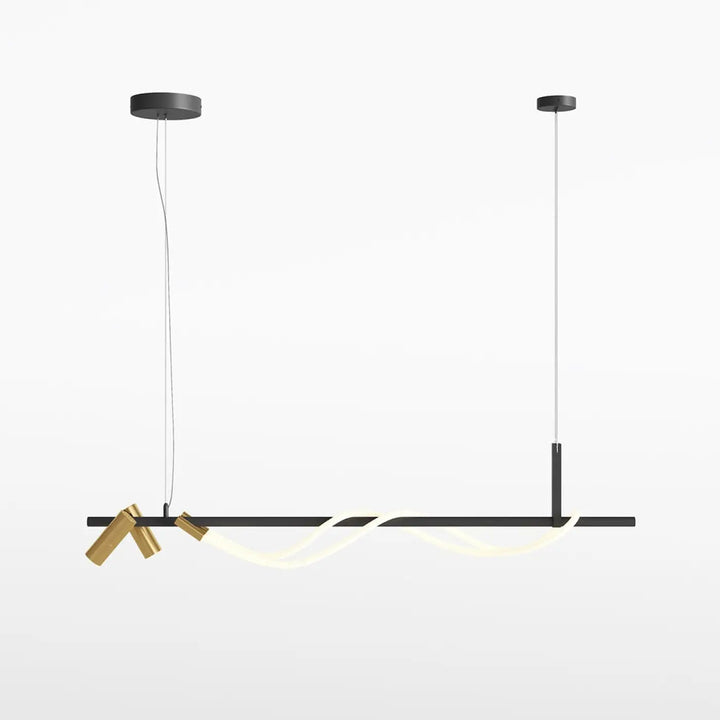 Suspension led en acier noir avec design minimaliste et finitions dorées au-dessus d’une pièce moderne