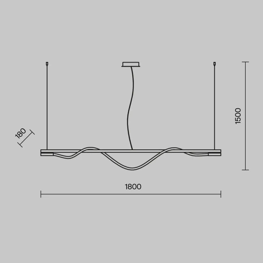 Suspension led tau ruban souple design art déco avec motif ondulé au-dessus d’une pièce moderne minimaliste 1800x1500mm