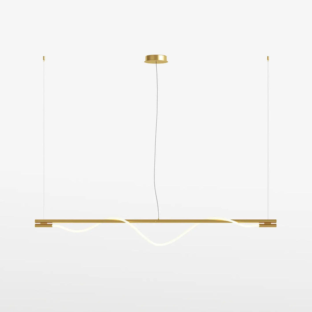 Suspension led tau ruban souple art déco en métal doré avec bande led intégrée diffusant une lumière blanche au-dessus d’une pièce