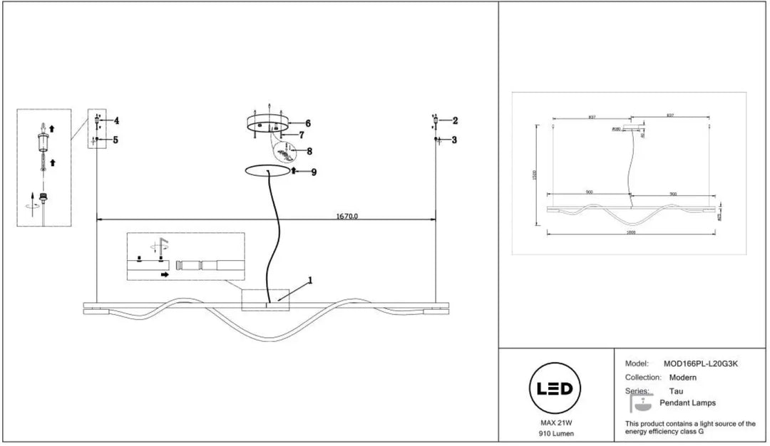 Suspension led tau modèle mod16rpl-l20g3k avec éclairage led au design art déco au-dessus d’une pièce moderne