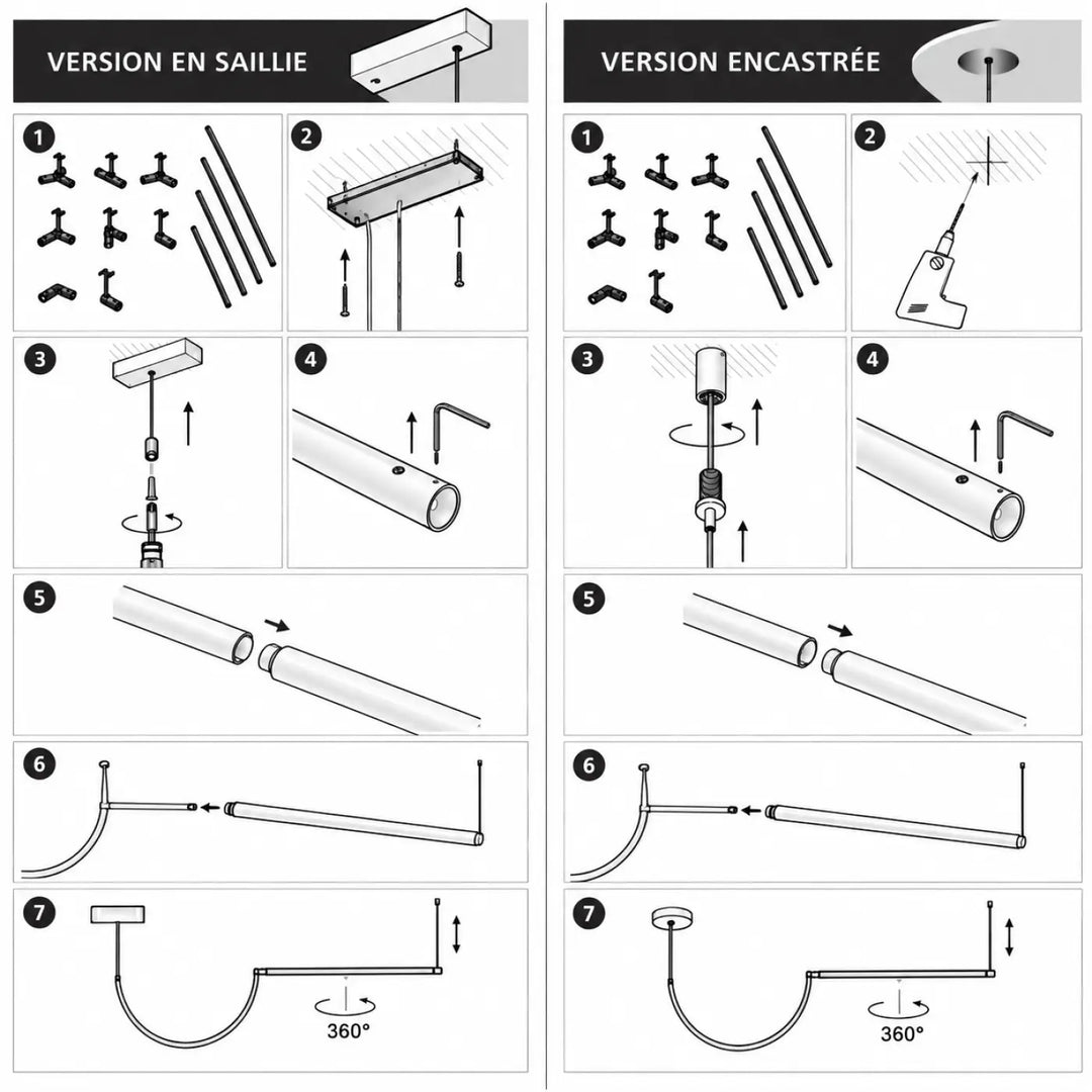 Diagramme dassemblage détaillé de la suspension tubs modular en aluminium noir avec mini rosace encastrée et abat-jour voile