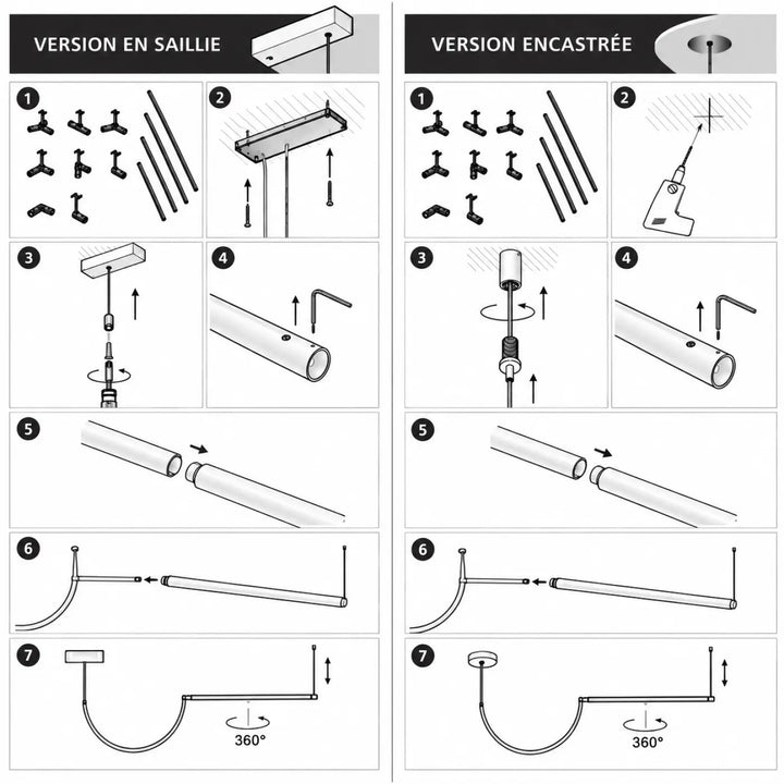 Diagramme dassemblage détaillé de la suspension tubs modular en aluminium noir avec mini rosace encastrée et abat-jour voile