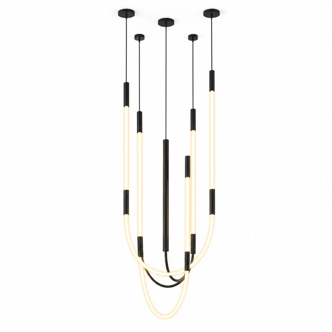 Suspension luminaire trois arches croisées en aluminium noir avec mini rosace encastrée et tubulure courbée moderne crème et noire