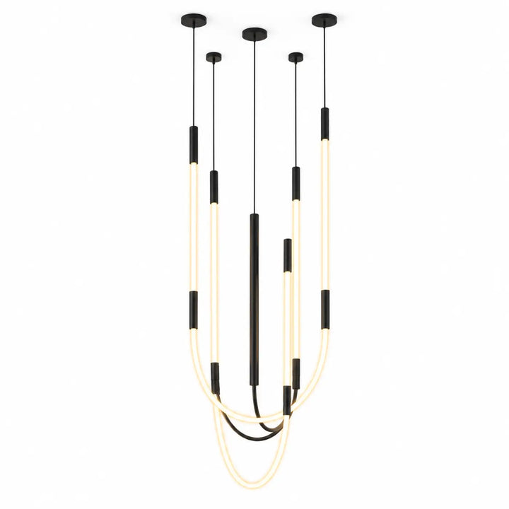 Suspension luminaire trois arches croisées en aluminium noir avec mini rosace encastrée et tubulure courbée moderne crème et noire