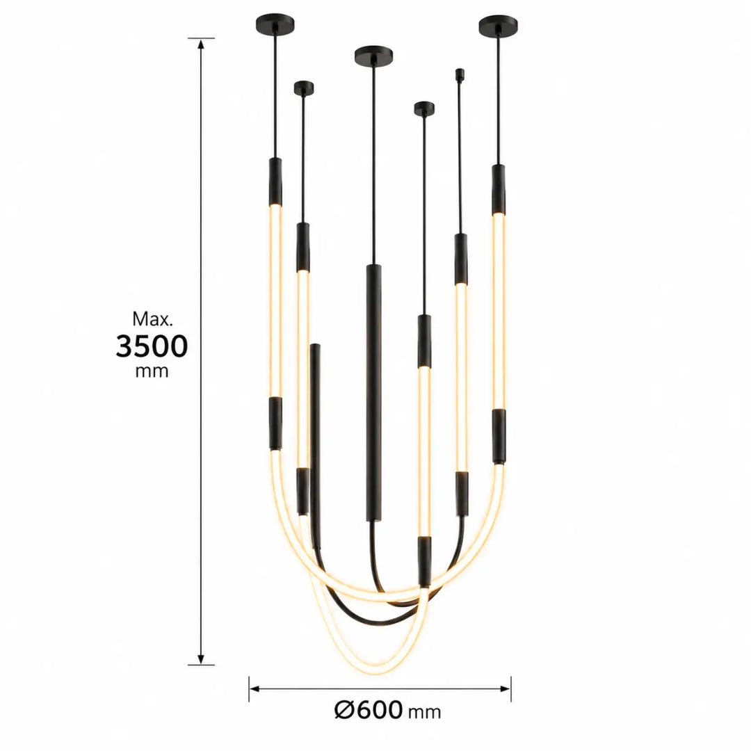 Suspension luminaire tubs modular trois arches croisées en aluminium noir avec tubes cylindriques led blanc chaud et noir