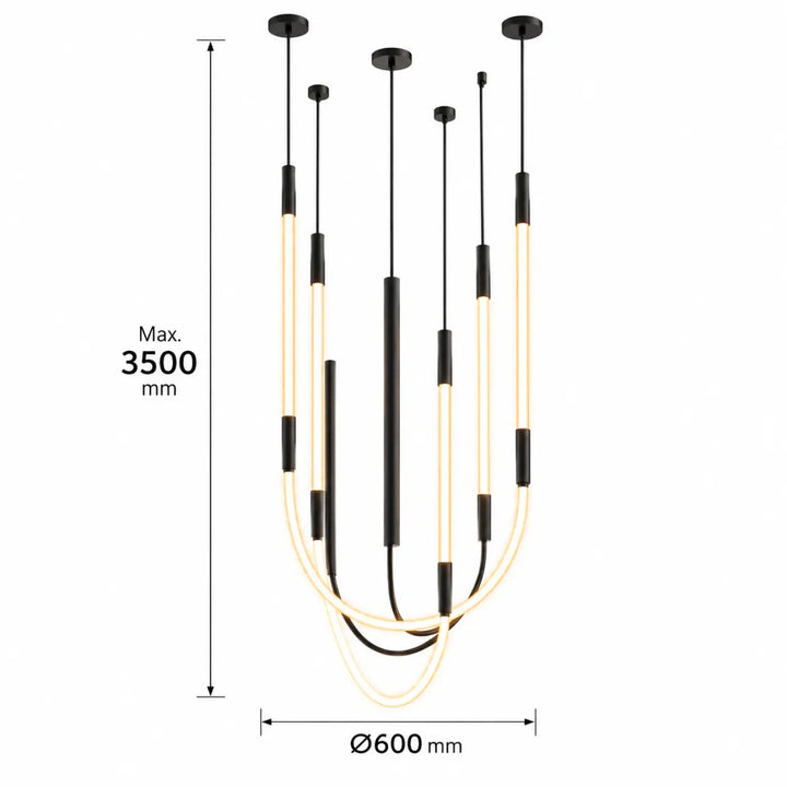 Suspension luminaire tubs modular trois arches croisées en aluminium noir avec tubes cylindriques led blanc chaud et noir