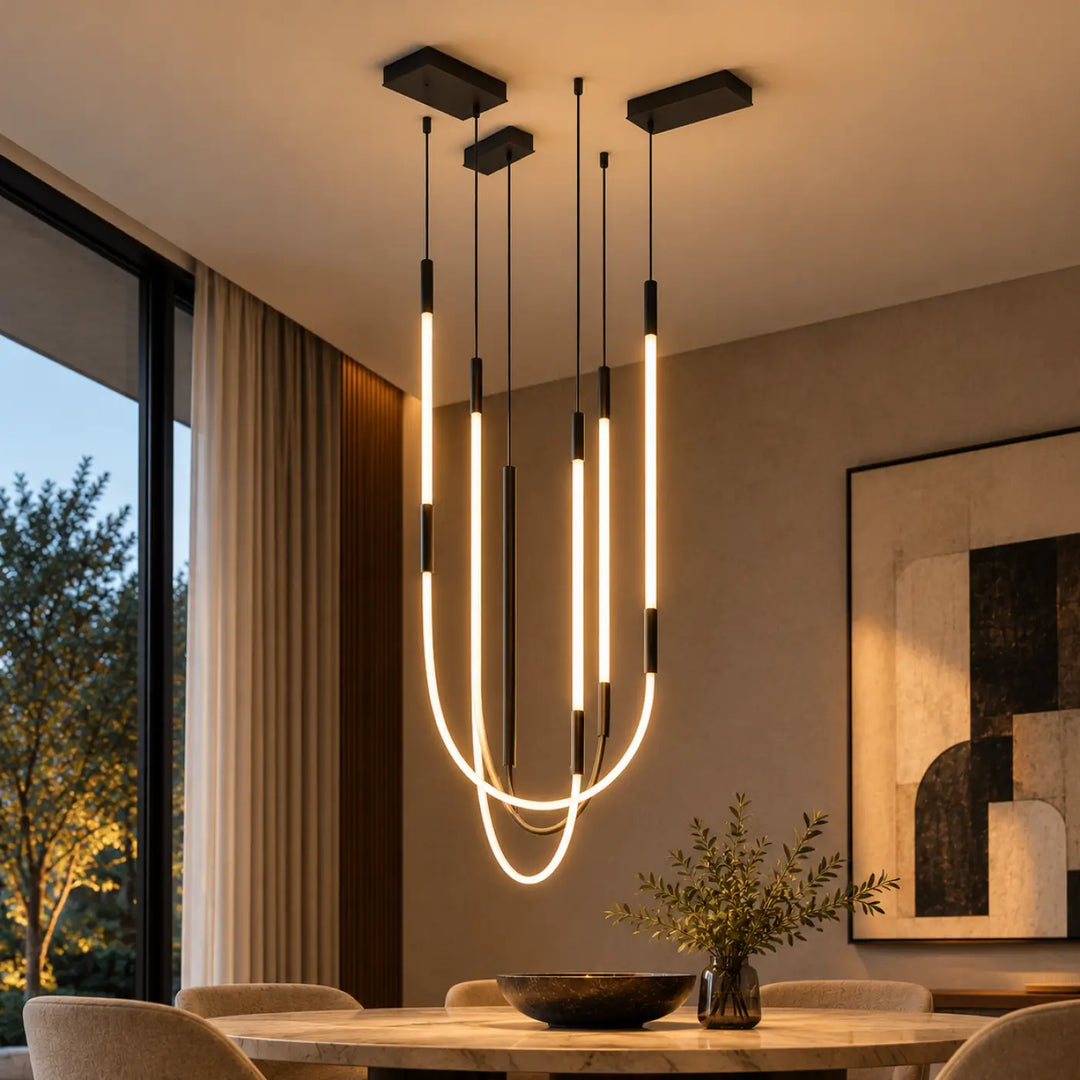 Suspension luminaire tubs modular trois arches croisées avec tubes led courbés en aluminium noir et mini rosace encastrée