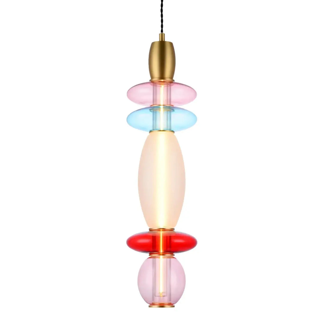Suspension luminaire léonor verticale avec disques transparents pastel rose bleu rouge et led filament format compact
