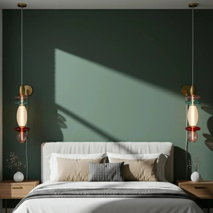 Suspension luminaire léonor verticale avec lampes led filament en verre empilé ambre, teal, rouge et fixation en laiton